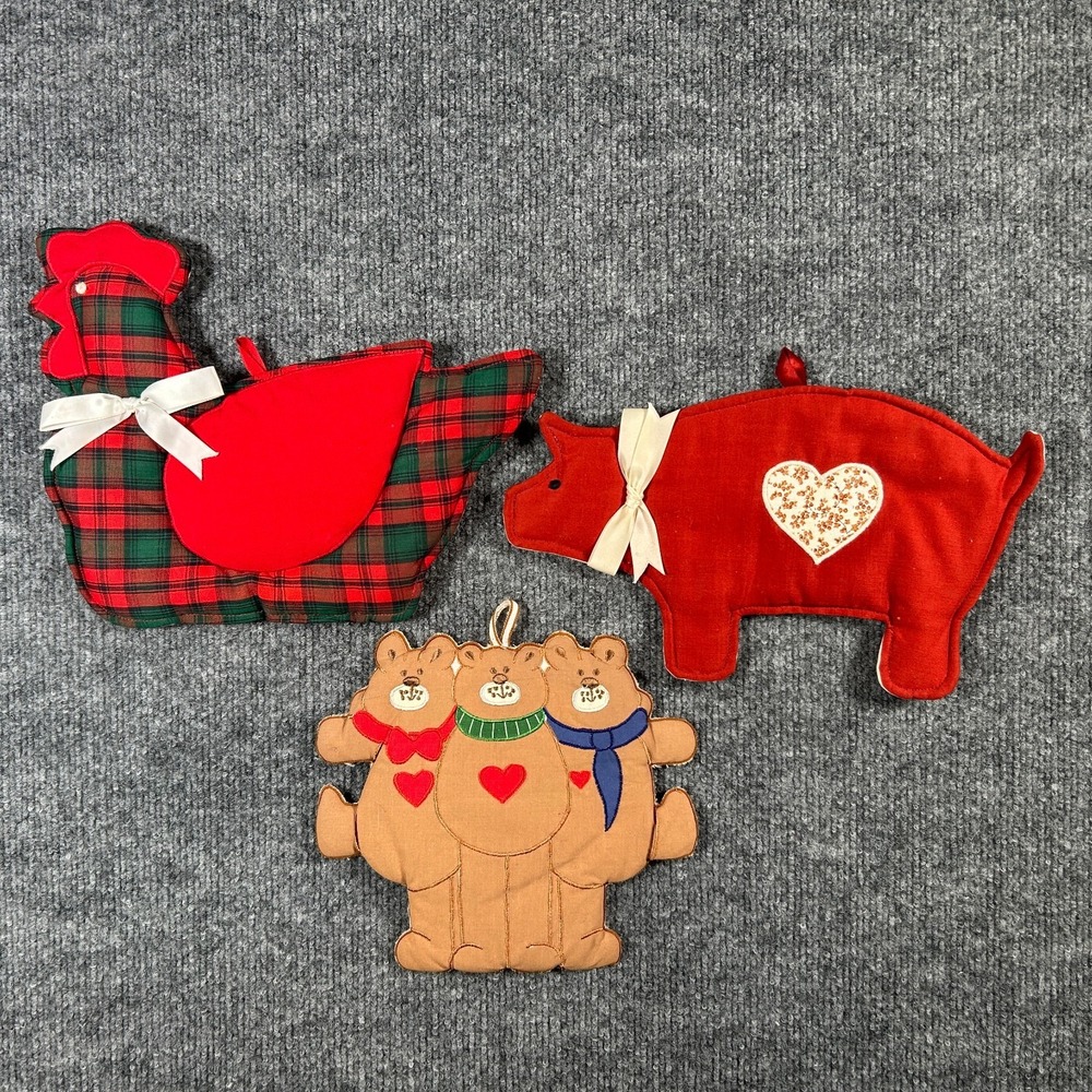 Grandmacore Vintage Farm Pot Holder Chicken Pig Quilted Lot 3 Cottage Christmas